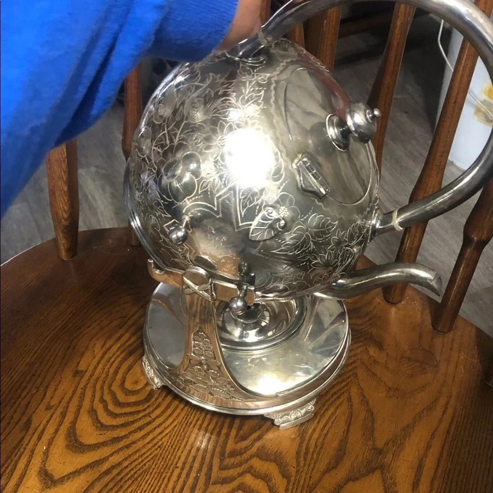 Ornate Silver-Finish Tea Kettle with Stand - Decorative Serving Piece